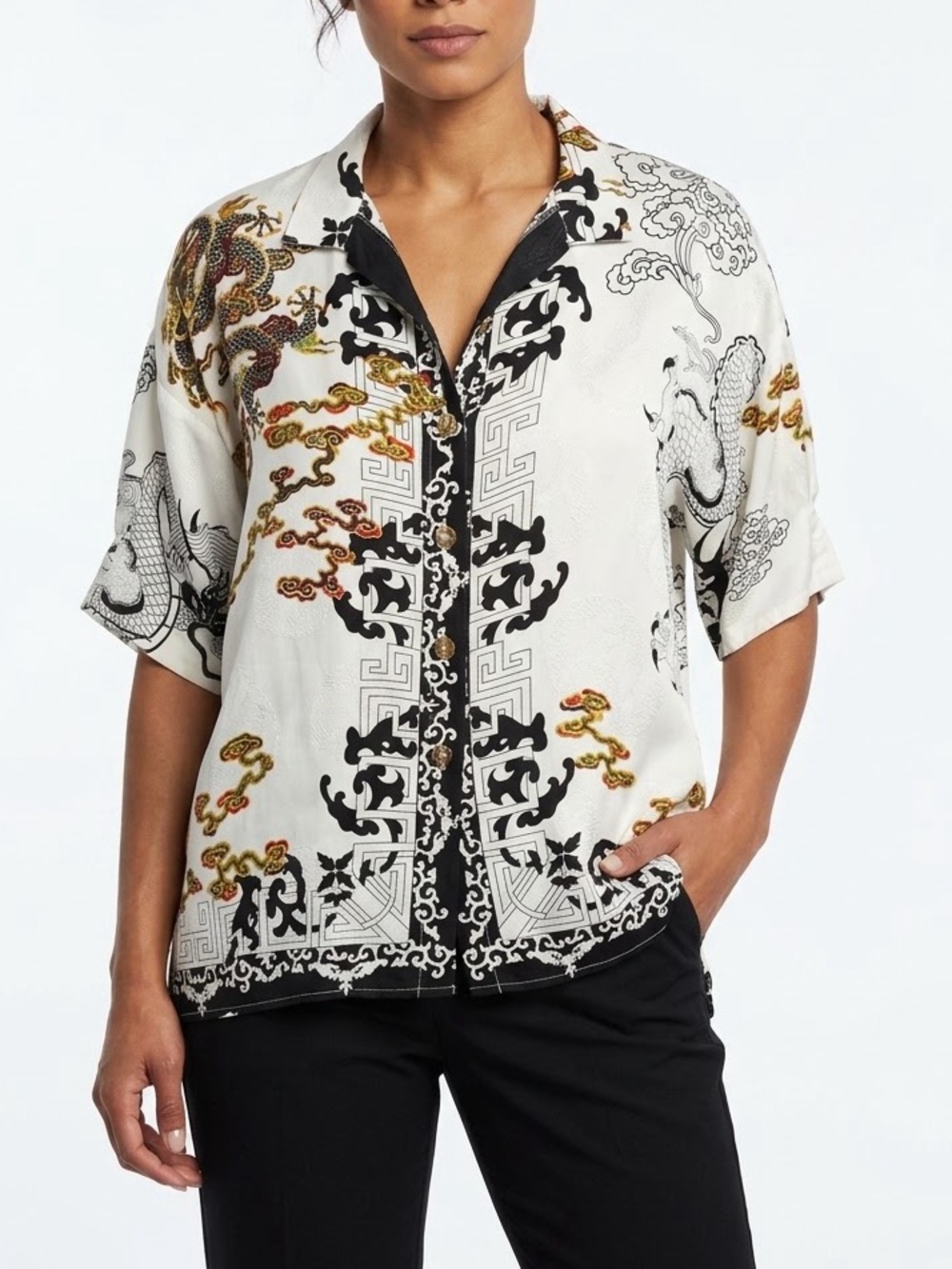 Citron Santa Monica Dragon Silk Short Sleeve Button Front Shirt Sz M